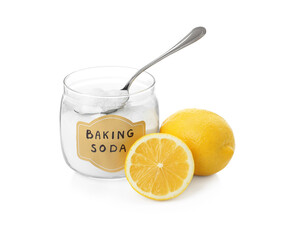 Baking soda and cut lemons on white background