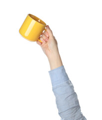 Woman holding cup on white background, closeup