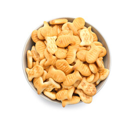 Delicious goldfish crackers in bowl isolated on white