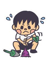 芋ほり さつまいも スコップ シャベル 秋 イベント ベクター イラスト