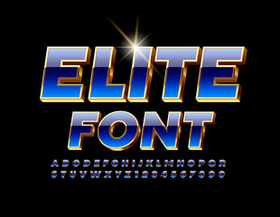 Naklejka na ściany i meble Vector Elite Font. 3D Blue and Gold Alphabet. Luxury shiny Letters and Numbers