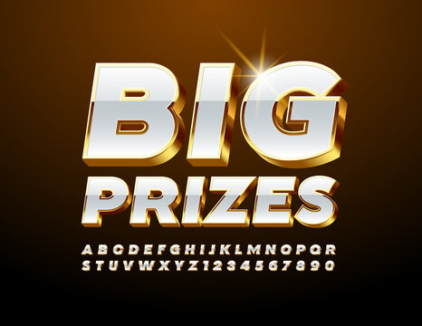 Vector Promo Banner Big Prizes With 3D White And Gold Font. Luxury Alphabet Letters And Numbers