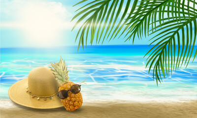 Obraz premium Summer abstract marine background for travel. Pineapple with glasses, a suitcase, a summer wicker hat, palm branches. Background of sea frame, waves reflected on the water. 3D illustration.