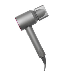 Modern hair dryer on white background, top view