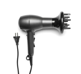 Modern hair dryer on white background, top view