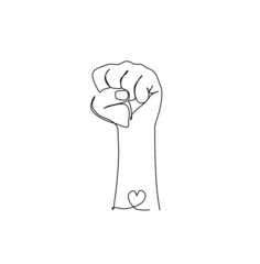 Continuous single line drawing of raised fist with love sign in it - symbol of victory, strength, revolution, power and solidarity. Vector illustration