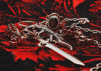 Silver pendant in the shape of a sword on an anchor chain, silver set of earrings and rings with natural red garnet stone, pendant in the shape of a lizard with transparent zircon on a red background.