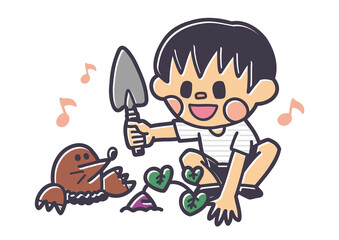 芋ほり さつまいも モグラ シャベル スコップ 秋 イベント 版ズレ はんこ 版画 ベクター イラスト