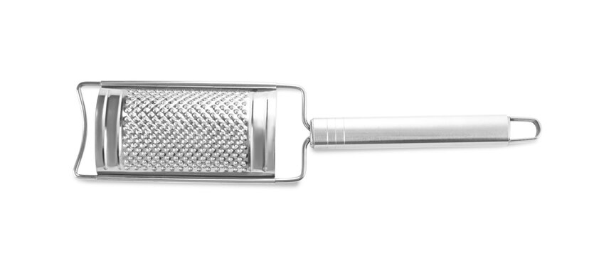 Modern stainless grater isolated on white, top view. Cooking utensil