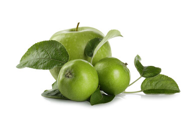 Fresh juicy apples with leaves isolated on white
