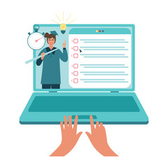 Online exam, checklist and laptop, taking test, choosing answer, questionnaire form, education concept, vector flat illustration