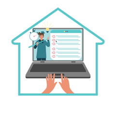 Online exam, checklist and laptop, taking test, choosing answer, questionnaire form, education concept, vector flat illustration