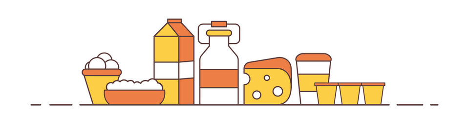 A set of fresh and healthy dairy products. Milk, cottage cheese, yogurt, sour cream, cheese and ice cream. Vector illustration
