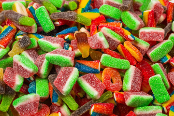 Assorted gummy candies. Top view. Jelly  sweets background.