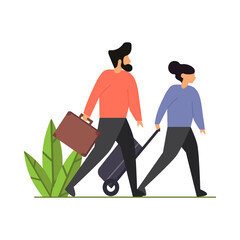 Cartoon couple traveling with suitcases