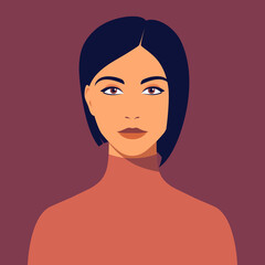Young woman with short haircut. Portrait of beautiful brunette. Avatar of girl for social networks. Abstract female portrait, full face. Stock vector illustration in flat style.