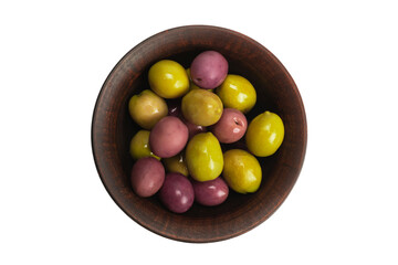 Olives in ceramic brown bowl isolated on white