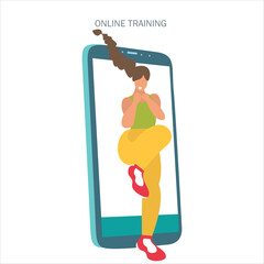 Self-quarantine concept. Sports at home during an outbreak of the COVID-19 virus. Coronavirus quarantine preventive measures. girl goes in for sports at home. Fitness training online in the phone. Vec