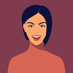 Young smiling woman with short haircut. Portrait of beautiful brunette. Avatar happy girl smiles. Avatar for social networks.Abstract female portrait, full face.Stock vector illustration in flat style