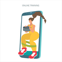 Self-quarantine concept. Sports at home during an outbreak of the COVID-19 virus. Coronavirus quarantine preventive measures. girl goes in for sports at home. Fitness training online in the phone. Vec