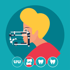 Gnathology or orthodontics concept Flat Vector illustration, masticatory system, including its functional disturbances and jaw joint and temporo - mandibular joint treatment. Can be used as template f