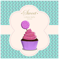 Cupcake with topping in a retro style with a geometric background and retro elements. greeting card for a birthday or holiday. Dessert for a website, bakery, menu, or pastry shop