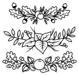Set of autumn wreaths. Collection of silhouette autumn composition with branches and fruits. Flower ikebana. Decorative elements plants . Black and white illustration on a white background. 