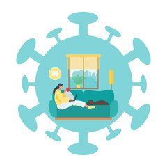 Home office during coronavirus quarantine concept, female employee working from home sitting on a sofa with her dog. Vector illustration in flat style

