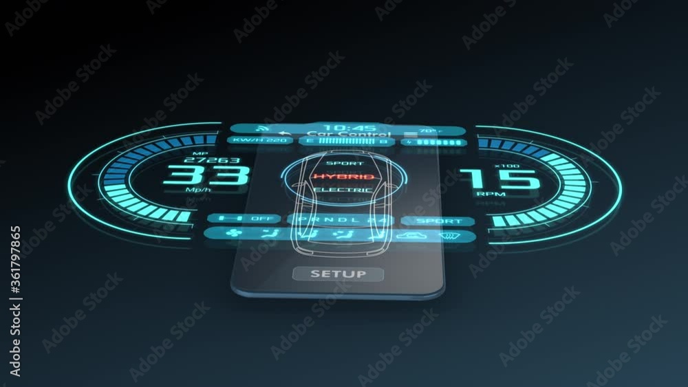 Poster modern smartphone with an app for remote control of the car, futuristic holographic interface, luma 
