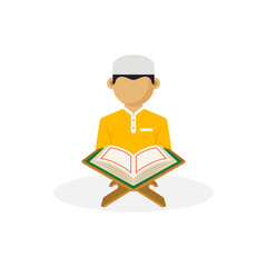 Muslim man cartoon reading Al-qur'an isolated in flat vector design. Ramadan Kareem and Eid Mubarak character design. Vector Illustration for poster, greeting card, banner, flyer.