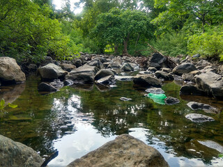 A shallow rocky river in the middle of a forest. Branches of trees over the river looking like tunnel in background.