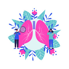 Pulmonology concept. Lungs healthcare persons. Internal organ inspection check for illness, disease or problems. Flat vector illustration