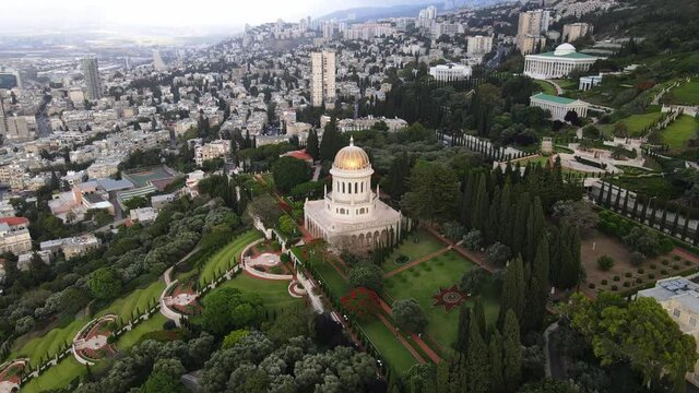 Aerial view of downtown of Haifa, Bahai Garden and Bahai Temple in Haifa, Israel