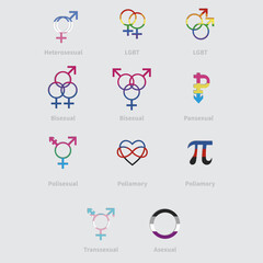 sexual identity / sexual orientation vector icons with shadows. Set of LGBT icons various sexual identities