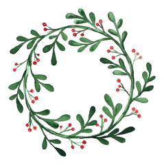 Garland made of leaves and berries. Hand drawn watercolor illustration. Green wreath isolated on white background