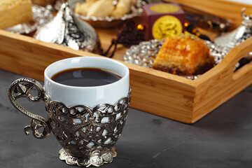 Turkish tea with oriental desserts on table