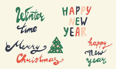 Hand drawn Christmas lettering text. Collection of festive greeting card vector illustrations. Holidays time