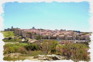 Obraz premium Medieval city Avila. Imitation of oil painting. Illustration