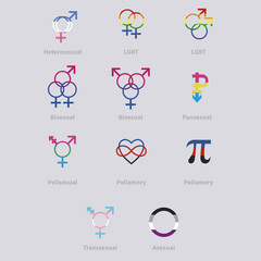 sexual identity / sexual orientation vector icons without shadows. Set of LGBT icons various sexual identities