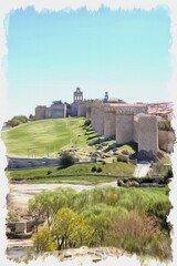 Medieval city Avila. Imitation of oil painting. Illustration