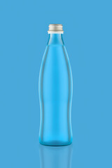 Blue glass bottle with metal lid isolated on blue background.