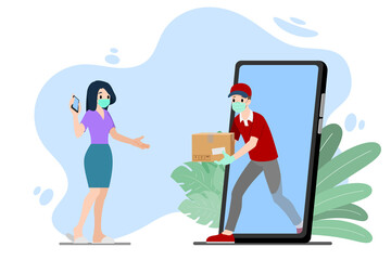 Safe at home delivery during coronavirus covid-19 crisis epidemic. A Man who wear mask and gloves delivering a parcel to a woman customer and leaving the box at a safe distance.