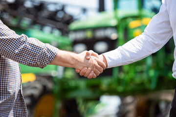 Agreement. Close up professional farmer with a modern combine. Confident, bright colors....