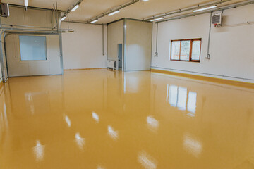 Epoxy resin applied to the floor. Industrial hall with colored floor