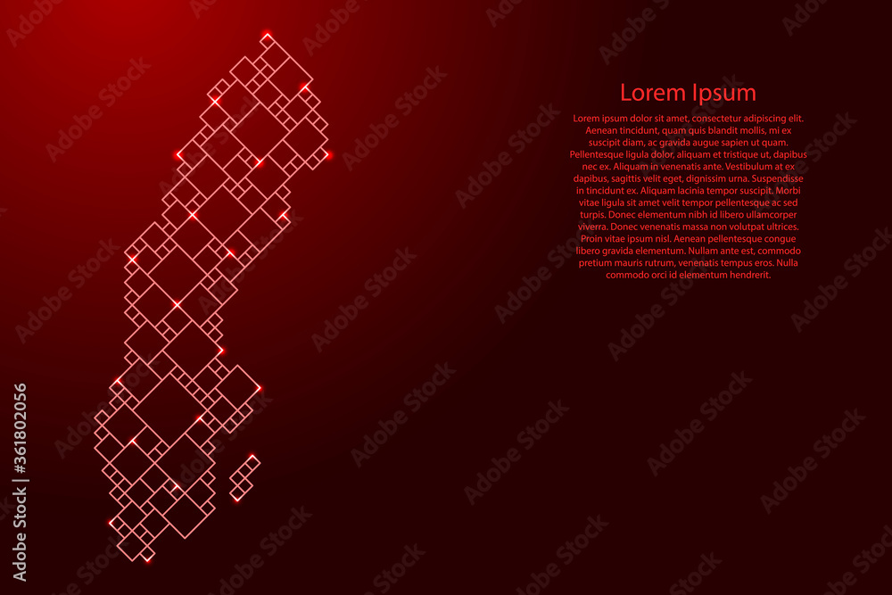 Poster sweden map from red pattern from a grid of squares of different sizes and glowing space stars. vecto