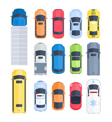 Vector set of cars top view in cartoon flat style. City vehicle transport icons. Trucks, sedan, hatchback, police, ambulance cars. Street city traffic and transport elements. Automobile transportation © MaryDesy