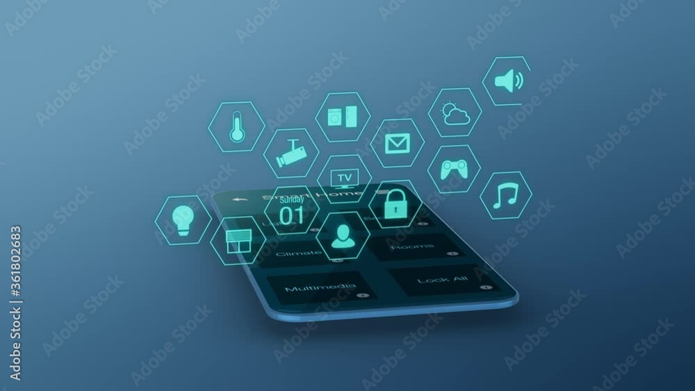 Poster stylized smartphone with a smart home app and a futuristic holographic interface, luma matte for bac