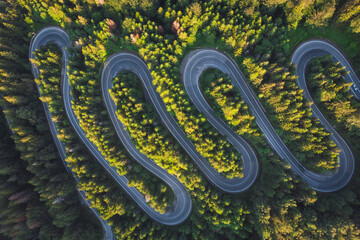 Aerial landscape of mountain winding road, in Transylvania