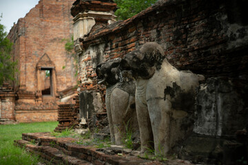 The ancient elephant sandstone at Wat Mahaeyong Ayuttaya ,Thailand