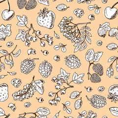 Foto op Aluminium Berries Seamless pattern. Vintage wallpaper. Vector doodle berries: strawberry, blueberries, black currant, raspberries, blackberries, red currants, gooseberries, cherries, rowan, mulberry  © AllNikArt